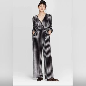 Xhilaration Womens Black White Long Sleeve Pants Striped Jumpsuit Medium